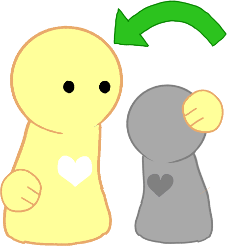 a yellow simplified character with a grey heart in the center, it's holding a cane there's a grey figure next to it, there is a green arrow pointing to the yellow figure.